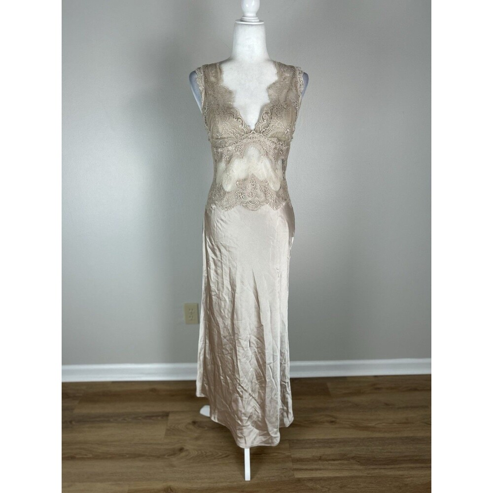 Lace Beige Satin Maxi Dress Size M Slip Gown Event Cocktail Party Sexy Romantic - Picture 4 of 7